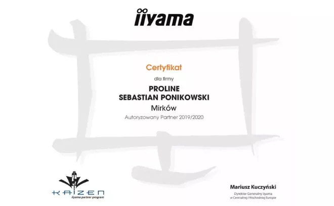Monitory iiyama, certyfikat autoryzowanego partnera dla ProLine
