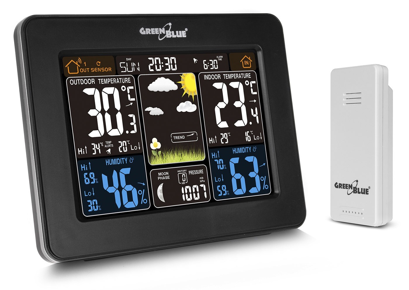 Stacja pogody GreenBlue GB523, kolorowa bezprzewodowa DCF fazy księżyca