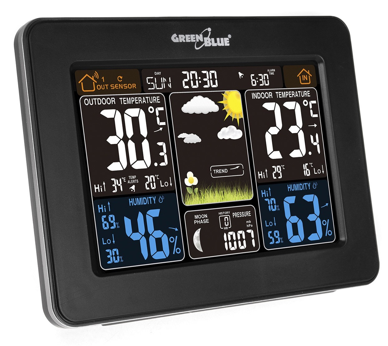 Stacja pogody GreenBlue GB523, kolorowa bezprzewodowa DCF fazy księżyca