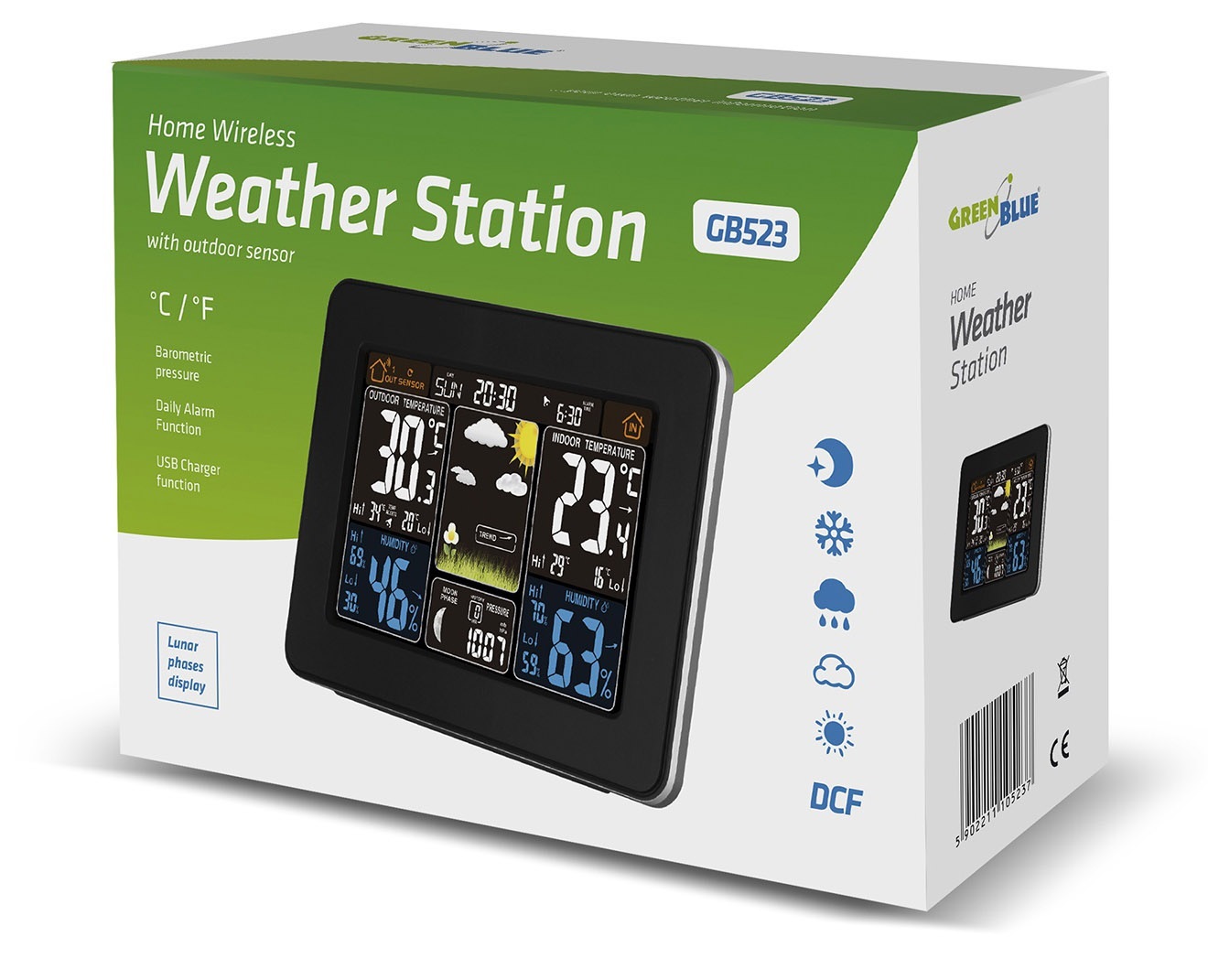 Stacja pogody GreenBlue GB523, kolorowa bezprzewodowa DCF fazy księżyca