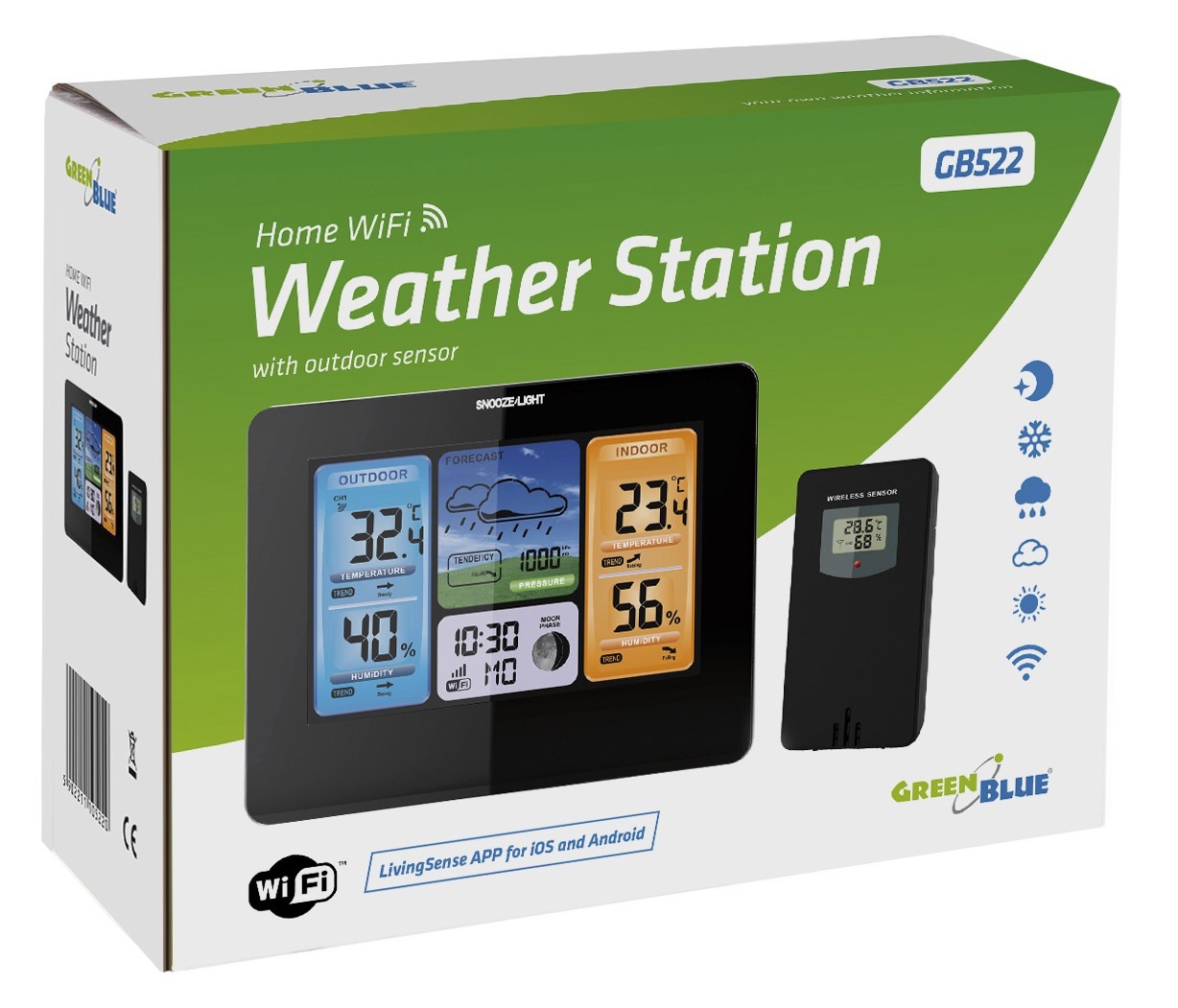 Stacja pogody GreenBlue GB522 kolorowa WiFi bezprzewodowa DCF fazy księżyca