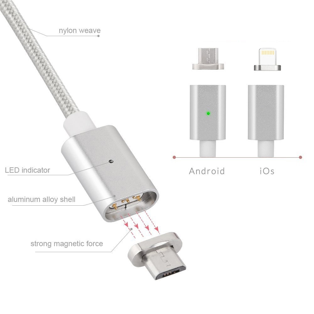 Kabel magnetyczny Maclean MCE161, wtyk Lightning USB, srebrny, szybkie ładowanie
