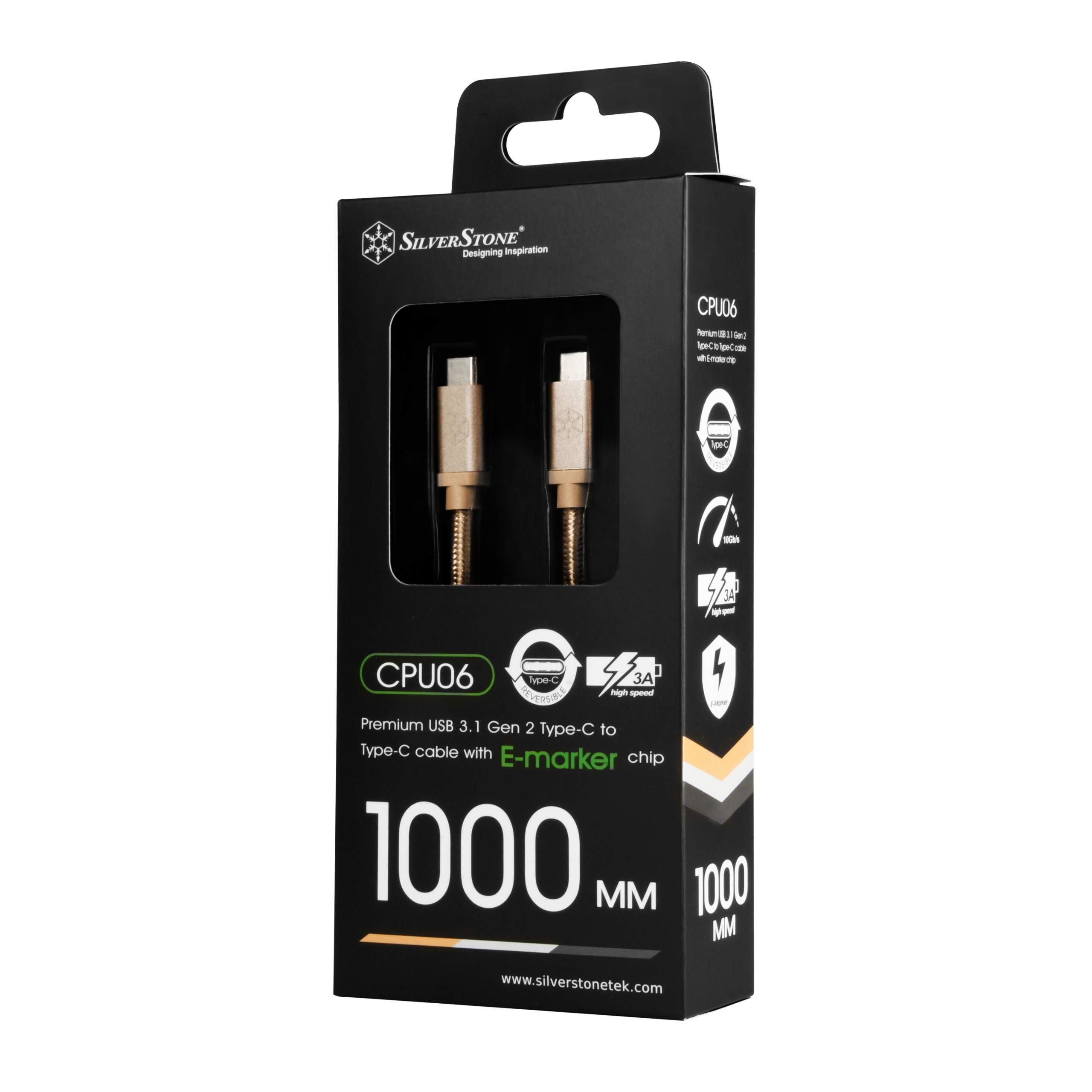 Silverstone SST-CPU06G-1000 obustronny kabel USB 3.1 Gen2 Type-C do USB Type-C pokryty nylonem, wytrzymały, 1.0m, złoty