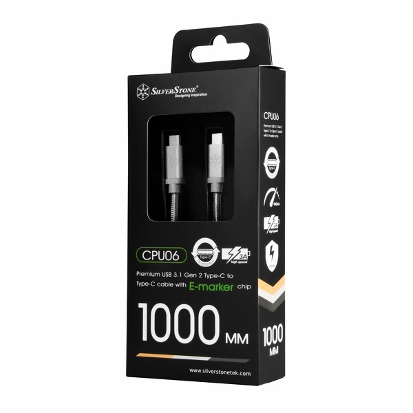 Zdjęcie produktu: Silverstone SST-CPU06S-1000 obustronny kabel USB 3.1 Gen2 Type-C do USB Type-C pokryty nylonem, wytrzymały, 1.0m, srebrny