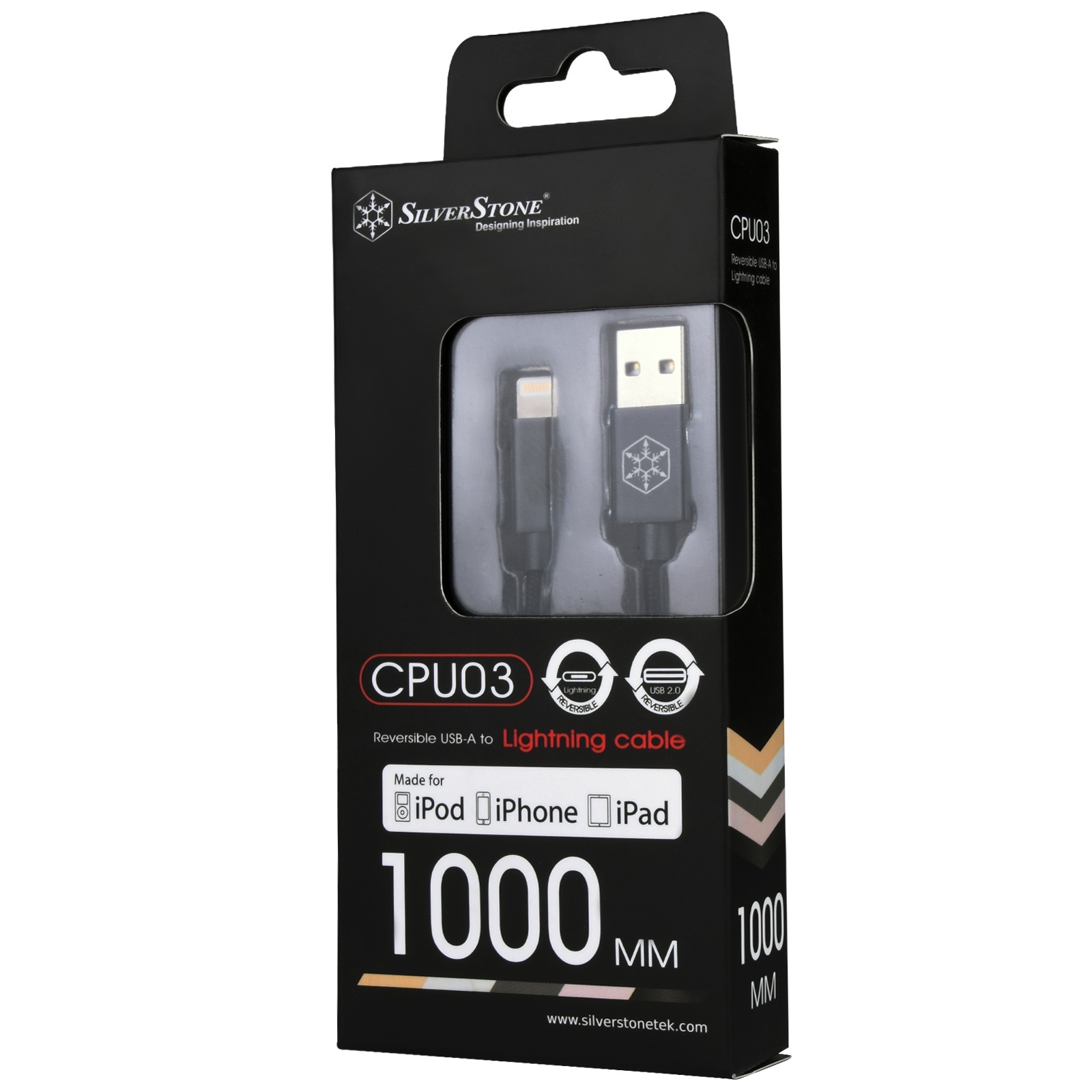 SilverStone CPU03G Jet Black, obustronny kabel USB-A do Lightning, certyfikat Apple MFi, czarny