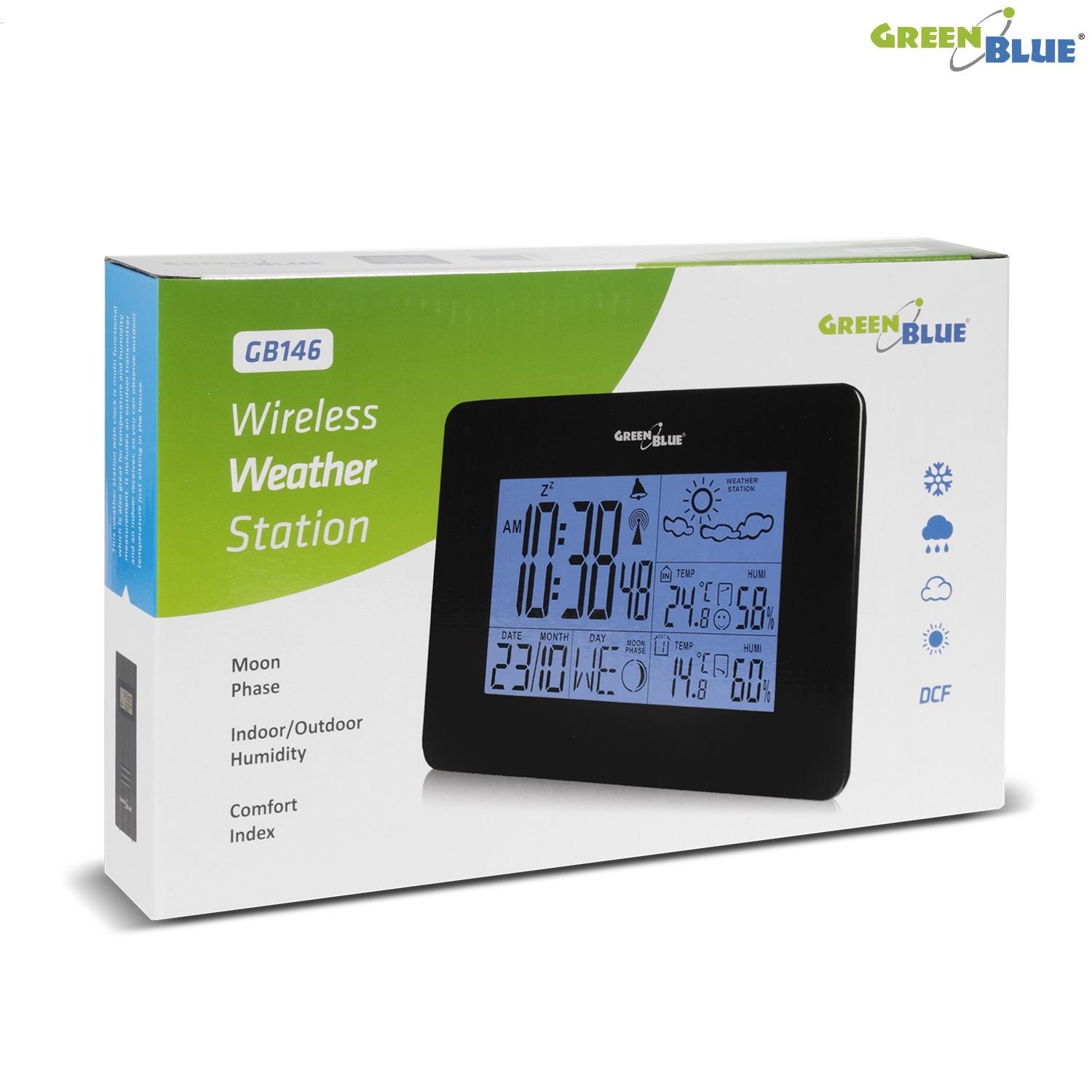 Stacja pogody GreenBlue GB146B black bezprzewodowa IN/OUT fazy księżyca