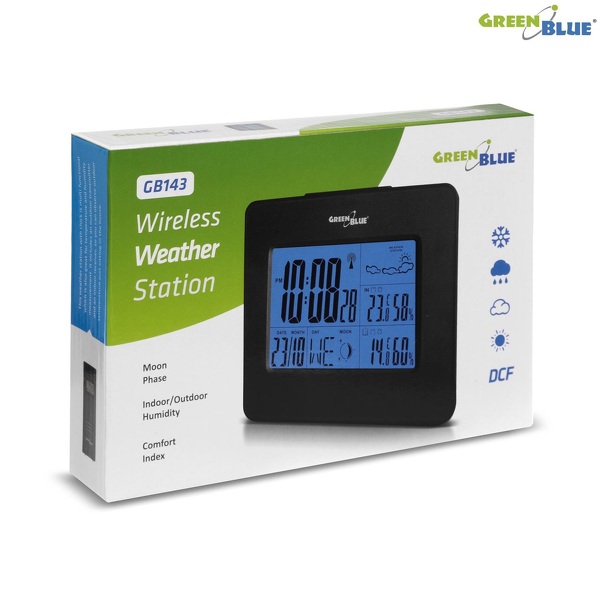 Zdjęcie produktu: Stacja pogody GreenBlue GB143 black bezprzewodowa DCF fazy księżyca