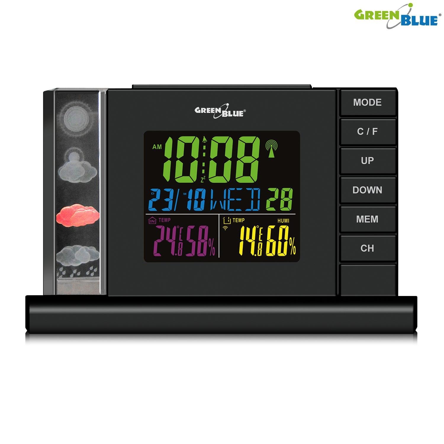 Stacja pogody GreenBlue GB141 black bezprzewodowa DCF IN/OUT ładowarka 3D Crystal