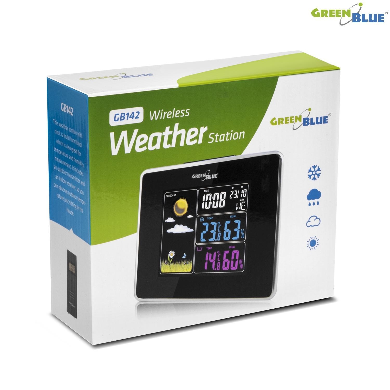 Stacja pogody GreenBlue GB142 black bezprzewodowa IN/OUT temperatura wilgotność ładowarka USB
