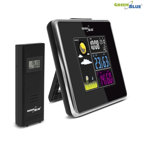 Zdjęcie produktu: Stacja pogody GreenBlue GB142 black bezprzewodowa IN/OUT temperatura wilgotność ładowarka USB