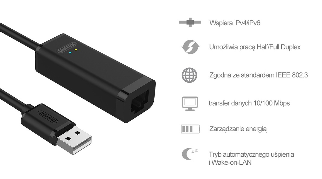Zdjęcie produktu: Unitek Adapter USB-A to Ethernet 10/100Mbps - czarny (Y-1468)