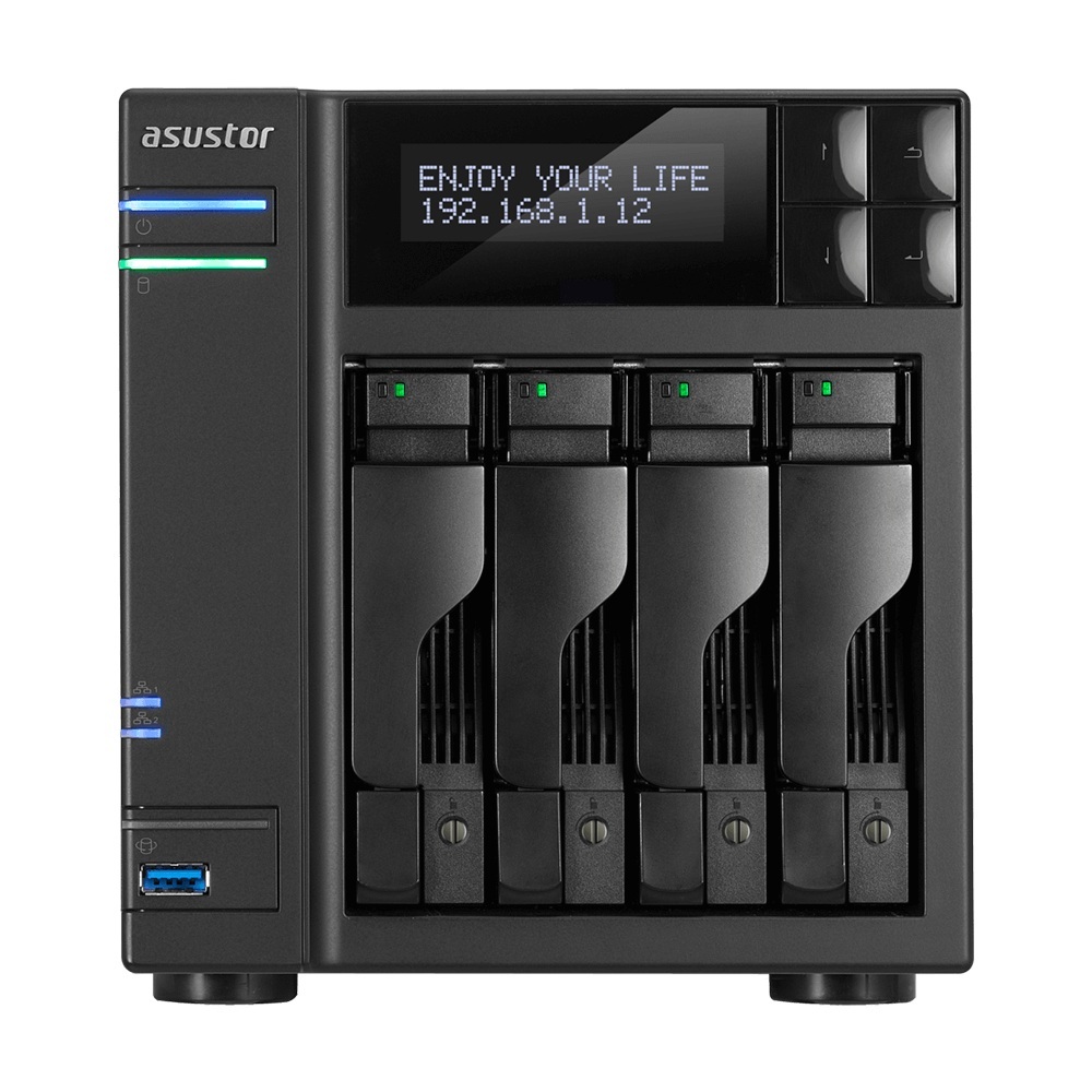 Serwer plików Asustor AS6404T 4-bay, SATA 6G, 1.5GHz (burst up 2.3GHz) Quad-Core Celeron J34455. 8G RAM, 2xGbE LAN, 3xUSB 3.0, HDMI, S/PDIF
