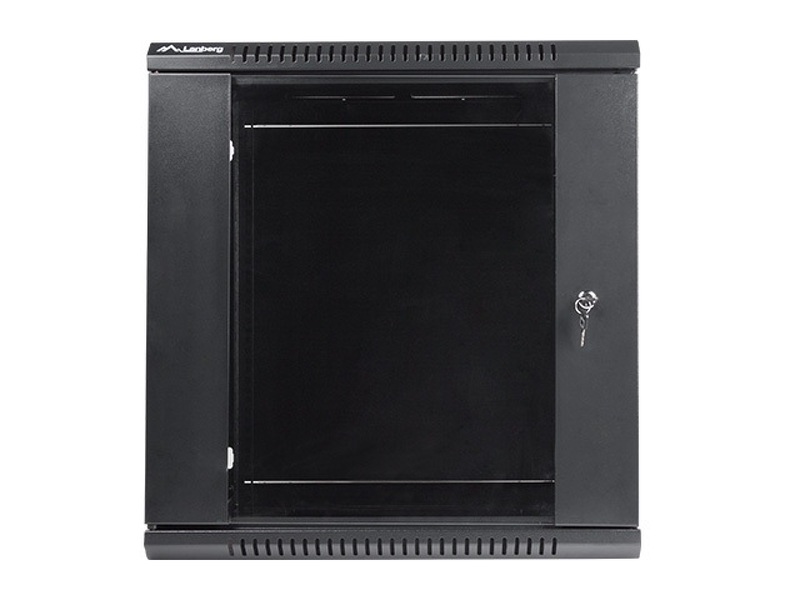 Zdjęcie produktu: Szafa instalacyjna Rack wisząca 19" 12U 600X450 czarna drzwi przeszklone Flat pack Lanberg (WF01-6412-10B)