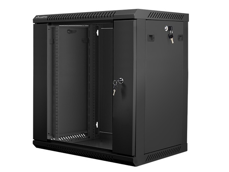 Zdjęcie produktu: Szafa instalacyjna Rack wisząca 19" 12U 600X450 czarna drzwi przeszklone Flat pack Lanberg (WF01-6412-10B)