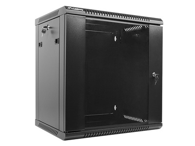 Miniatura produktu: Szafa instalacyjna Rack wisząca 19" 12U 600X450 czarna drzwi przeszklone Flat pack Lanberg (WF01-6412-10B)