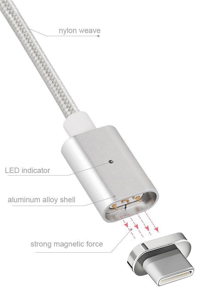 Kabel magnetyczny Maclean MCE178, wtyk USB Type-C, srebrny, szybkie ładowanie