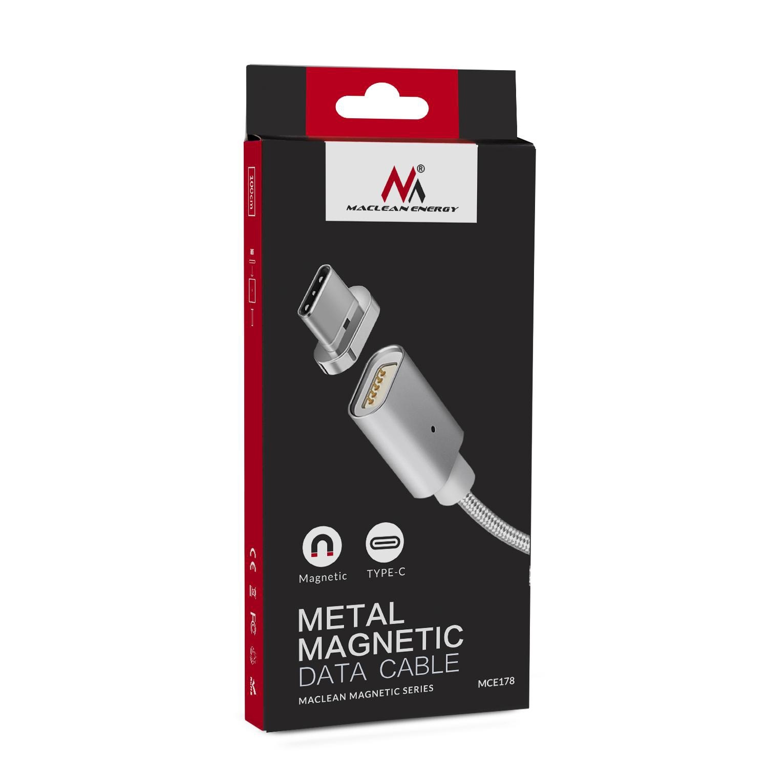 Kabel magnetyczny Maclean MCE178, wtyk USB Type-C, srebrny, szybkie ładowanie