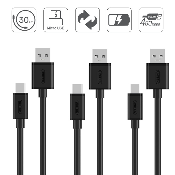 Zdjęcie produktu: Unitek Zestaw przewodów microUSB-USB 3 x 0,3m (Y-C4008BK)