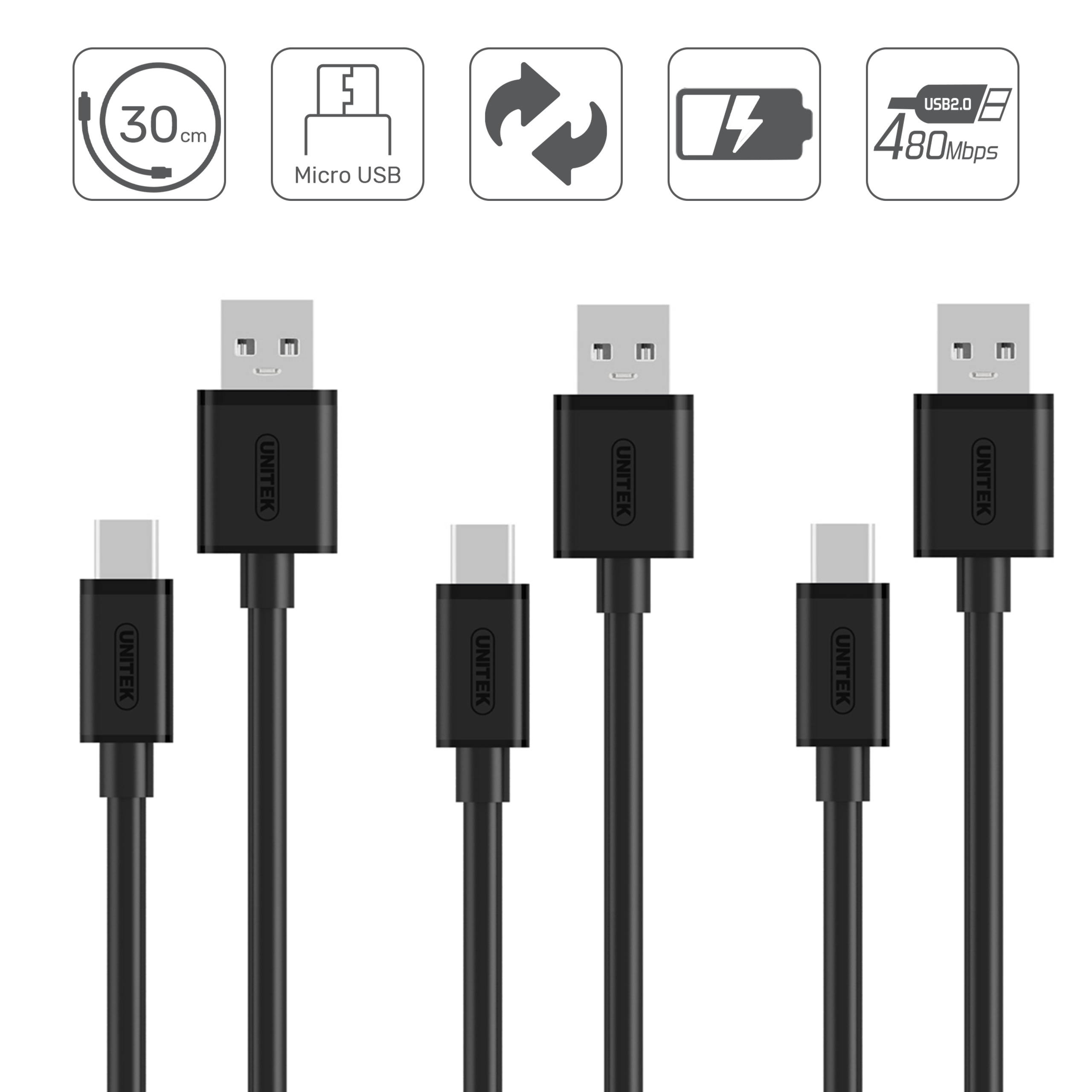 Unitek Zestaw przewodów microUSB-USB 3 x 0,3m (Y-C4008BK)