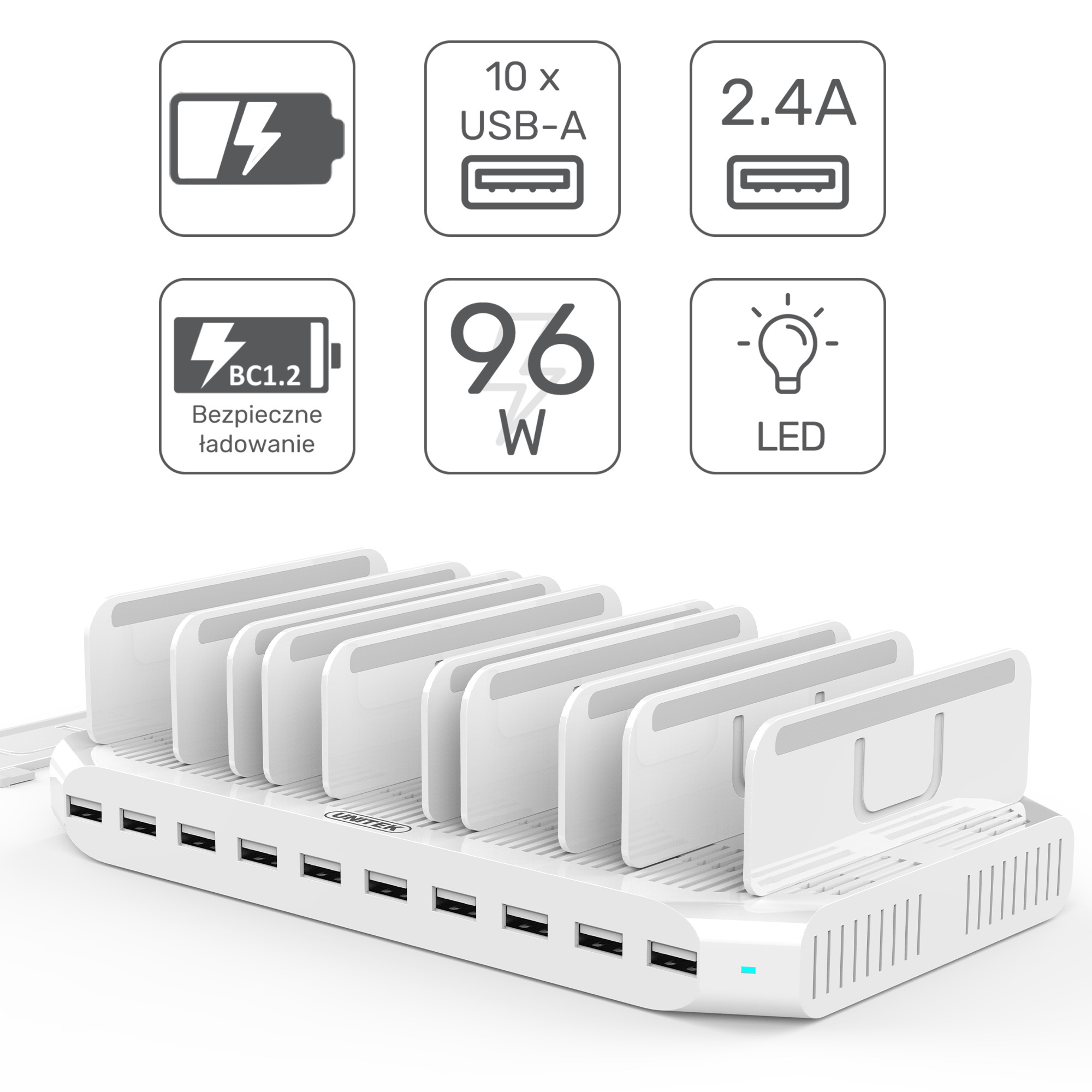 Stacja ładująca Unitek 10 x USB 2,4A 96W (Y-2172)