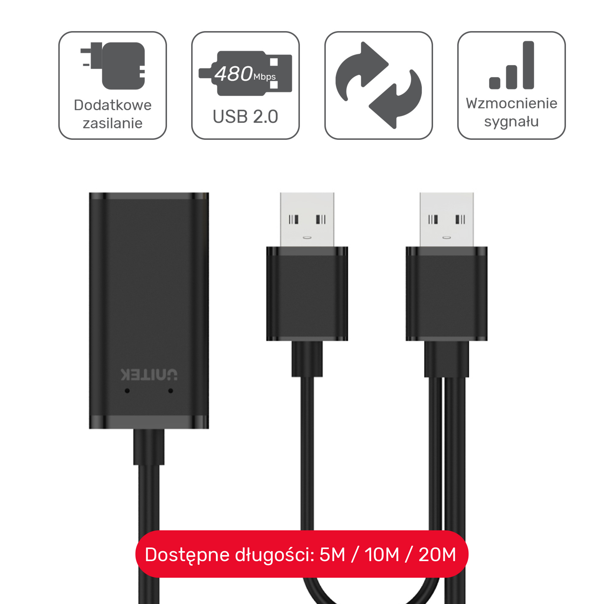 Unitek Wzmacniacz sygnału USB 2.0 20m Y-279 Unitek Wzmacniacz sygnału USB 2.0 20m Y-279