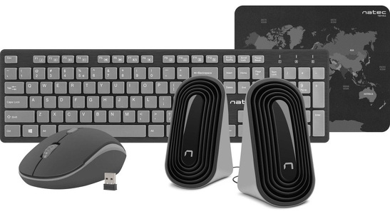 Miniatura produktu: Zestaw bezprzewodowy 4W1 Natec Tetra Black / Grey, klawiatura, mysz, głośniki i podkładka Miniatura produktu: Zestaw bezprzewodowy 4W1 Natec Tetra Black / Grey, klawiatura, mysz, głośniki i podkładka