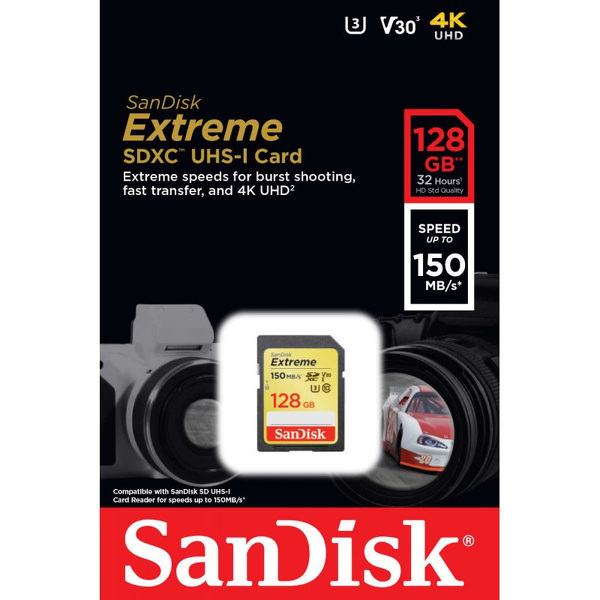 Zdjęcie produktu: Karta SanDisk Extreme SDXC 128GB 150/70 MB/s V30 UHS-I U3 (SDSDXV5-128G-GNCIN)