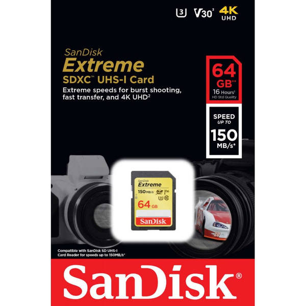 Zdjęcie produktu: Karta SanDisk Extreme SDXC 64GB 150/60 MB/s V30 UHS-I U3 (SDSDXV6-064G-GNCIN)