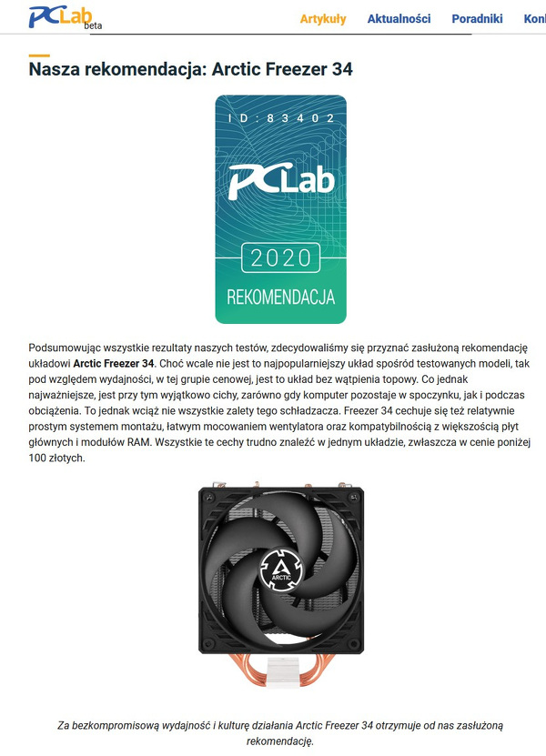 Zdjęcie produktu: Chłodzenie procesora Arctic Freezer 34 (ACFRE00052A) Zdjęcie produktu: Chłodzenie procesora Arctic Freezer 34 (ACFRE00052A)