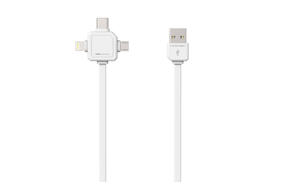 Zdjęcie produktu: Kabel przewód USB płaski Allocacoc Power USBcable 3w1 USB - micro USB / Lightning / USB TYP-C 1.5m - biały (9003WT/USBC15)