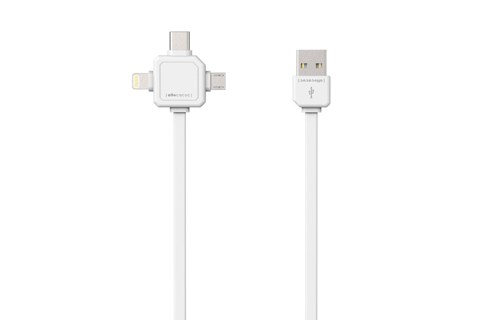 Kabel przewód USB płaski Allocacoc Power USBcable 3w1 USB - micro USB / Lightning / USB TYP-C 1.5m - biały (9003WT/USBC15)