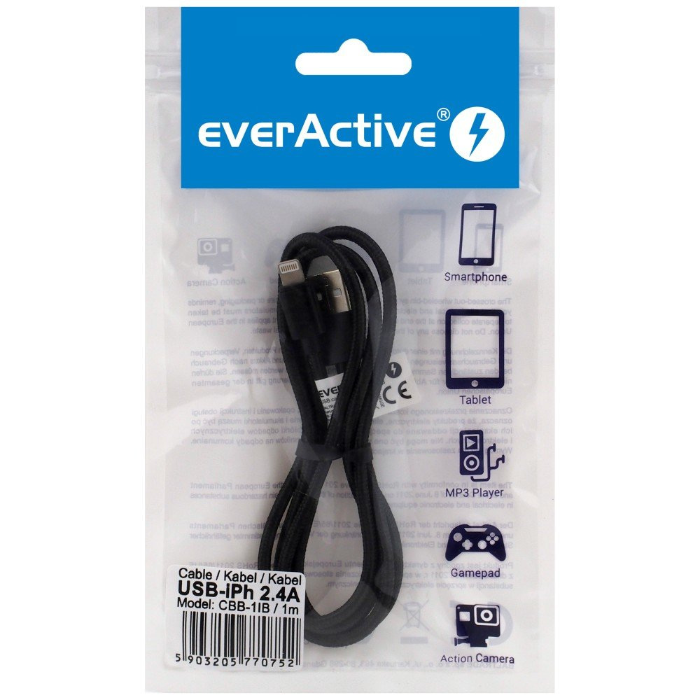 Kabel przewód pleciony USB - Lightning / iPhone everActive 100cm z obsługą szybkiego ładowania do 2,4A czarny (CBB-1IB)