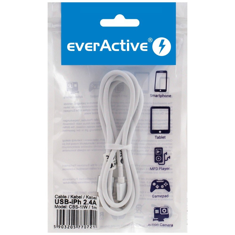 Kabel przewód silikonowy USB - Lightning / iPhone everActive 100cm z obsługą szybkiego ładowania do 2,4A biały (CBS-1IW)