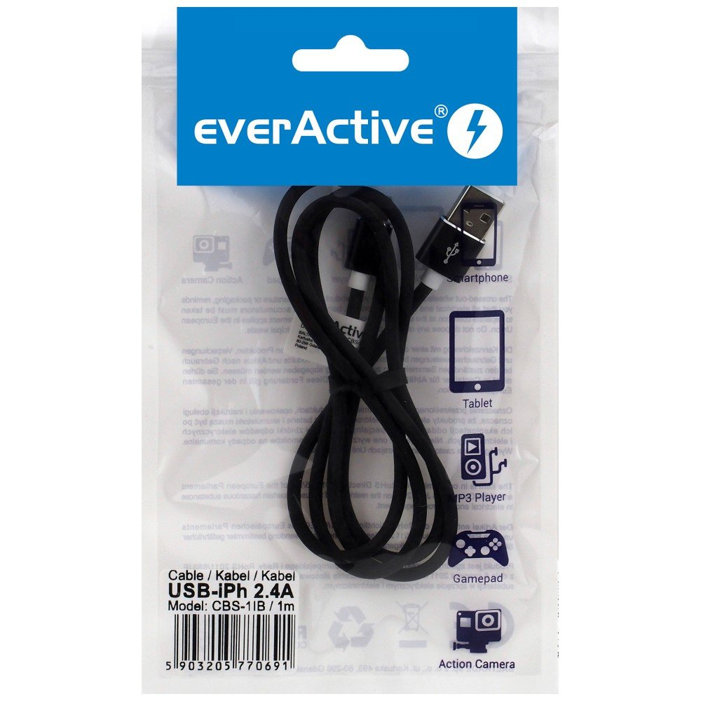 Kabel przewód silikonowy USB - Lightning / iPhone everActive 100cm z obsługą szybkiego ładowania do 2,4A czarny (CBS-1IB)