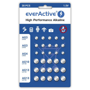 Miniatura produktu: everActive zestaw 30 sztuk baterii alkalicznych mini 10 x G3 / LR41, 5 x G4 / LR626, 5 x G10 / LR1130, 10 x G13 / LR1154