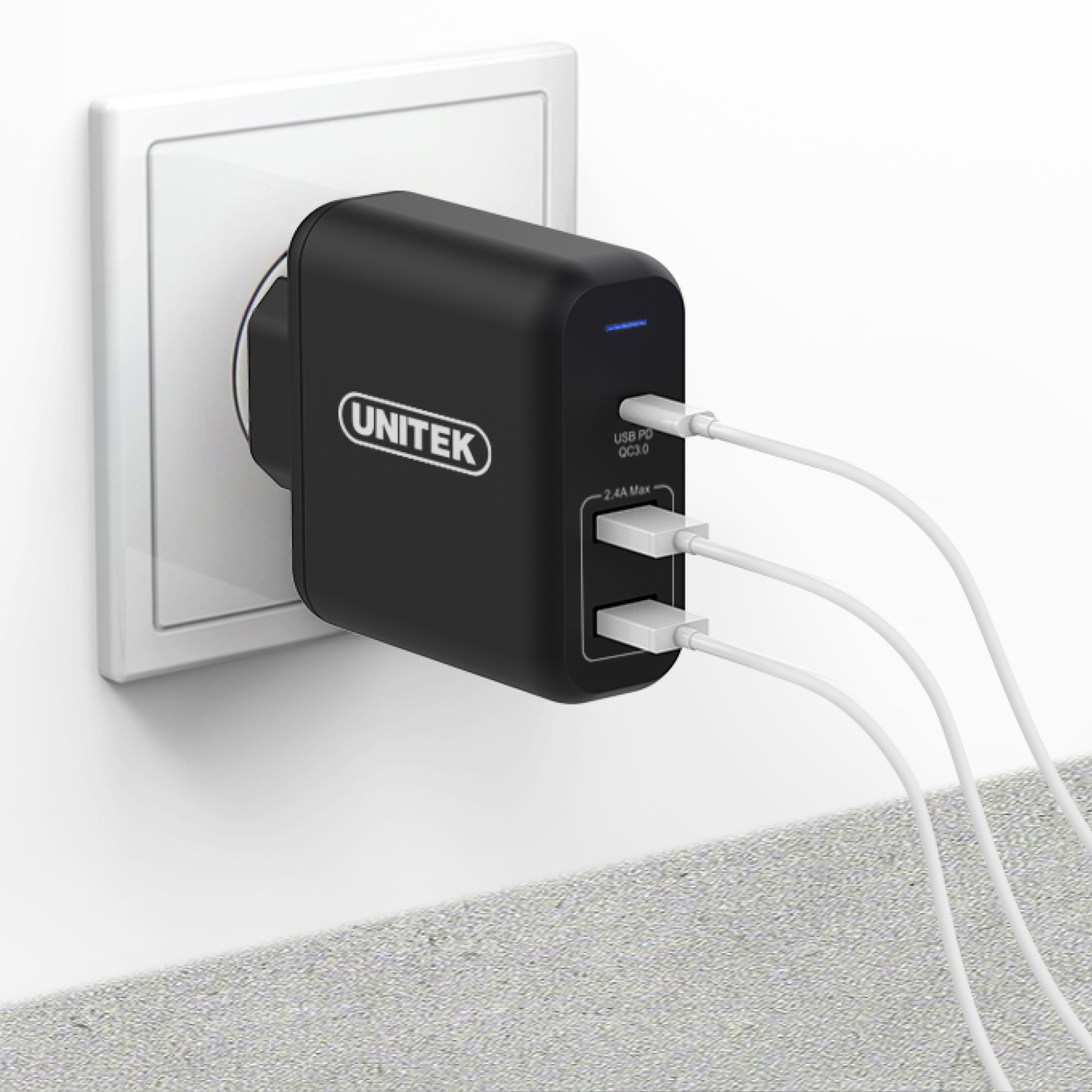 Ładowarka sieciowa Unitek 60W 2x USB, 1x USB TYP-C z PD oraz QC 3.0