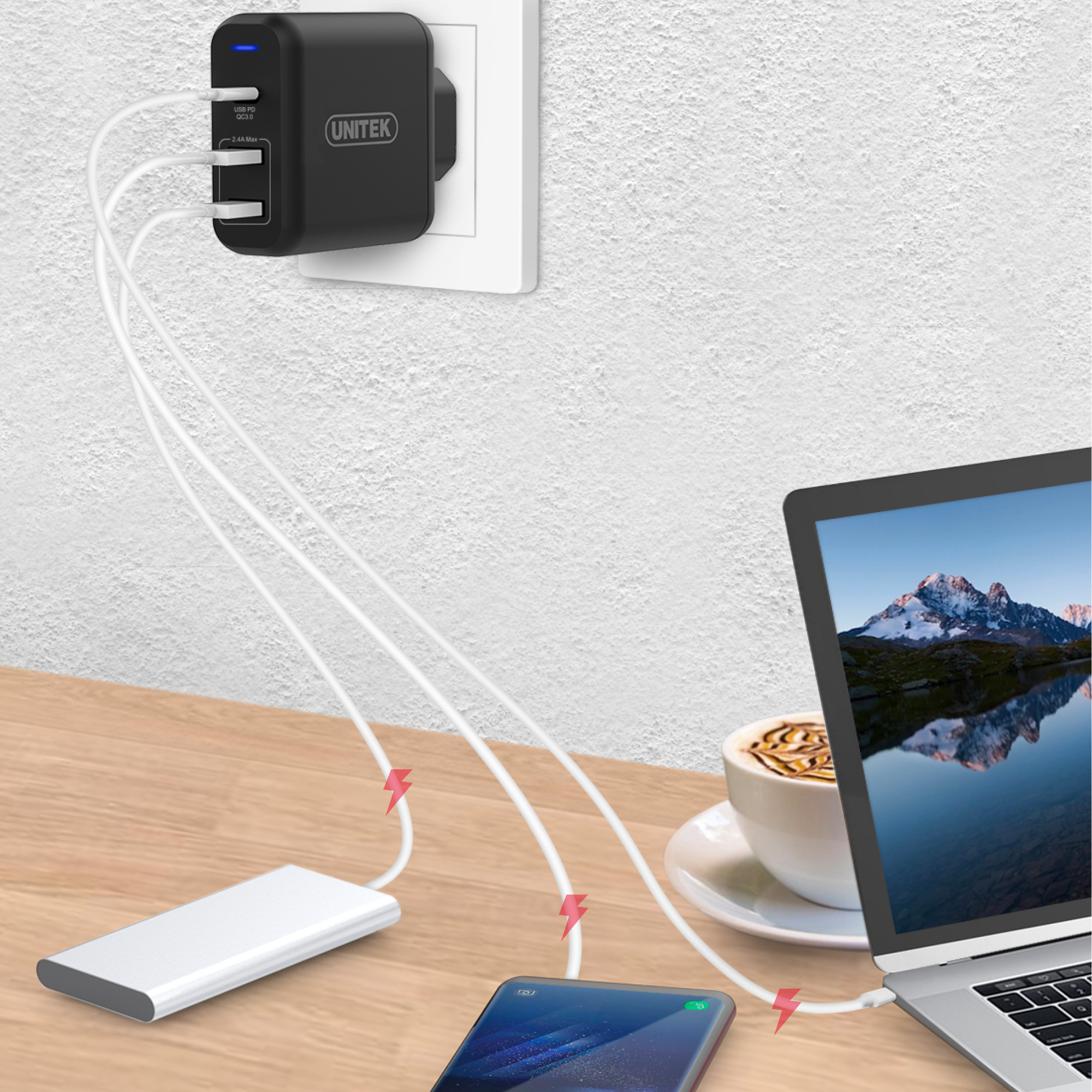 Ładowarka sieciowa Unitek 60W 2x USB, 1x USB TYP-C z PD oraz QC 3.0