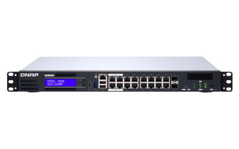 Miniatura produktu: Qnap QGD-1600P-4G Intel Celeron J4115 1,8 GHz; 4GB RAM; 4 x 60-watowe porty PoE Gigabit 802.3bt, 10 x 30-watowe porty PoE Gigabit 802.3at, 2 x 30-watowe porty PoE Gigabit 802.3at