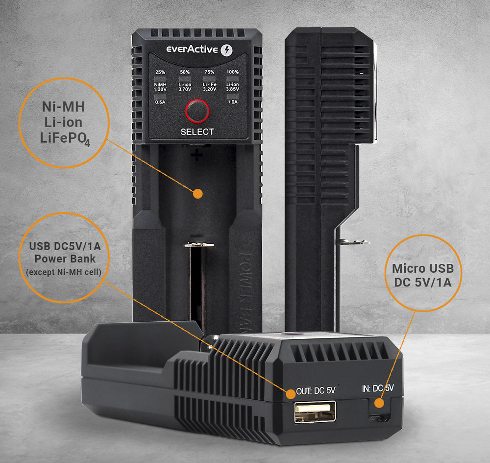 Ładowarka akumulatorków cylindrycznych Li-ion oraz Ni-MH 1 niezależny kanał ładowania everActive UC100 Ładowarka akumulatorków cylindrycznych Li-ion oraz Ni-MH 1 niezależny kanał ładowania everActive UC100