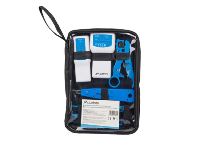 Zestaw narzędzi do budowy sieci Lan z testerem Lanberg RJ45, RJ11, zaciskarka, sciągaczka, narzędzie uderzeniowe (NT-0302)