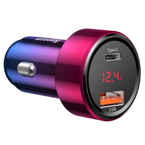 Zdjęcie produktu: Ładowarka samochodowa Baseus Magic 1xUSB + 1x USB TYP-C PD 45W 6A Quick Charge 4.0+/3.0 z wyświetlaczem natężenia/napięcia - czerwona (CCMLC20C-09)