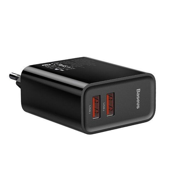 Zdjęcie produktu: Ładowarka sieciowa Baseus QC3.0 BS-EU906 30W szybka z 2 gniazdami USB Quick Charge 3.0 czarna (CCFS-E01)