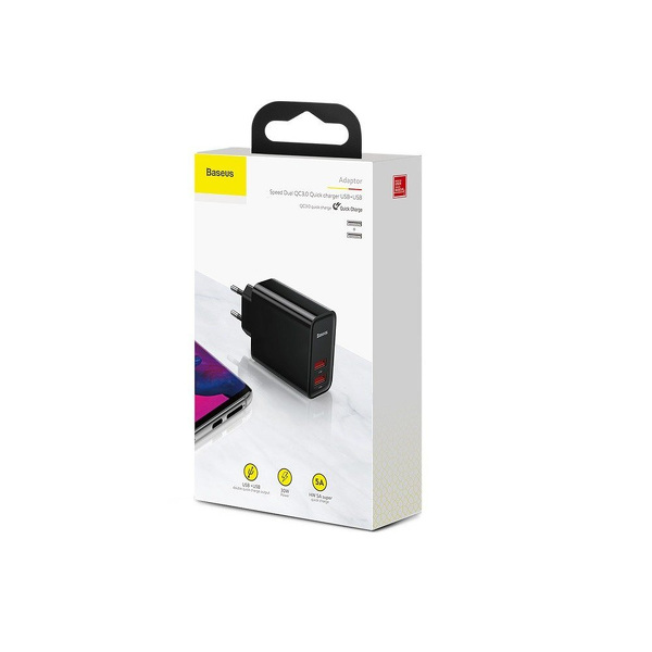 Zdjęcie produktu: Ładowarka sieciowa Baseus QC3.0 BS-EU906 30W szybka z 2 gniazdami USB Quick Charge 3.0 czarna (CCFS-E01)