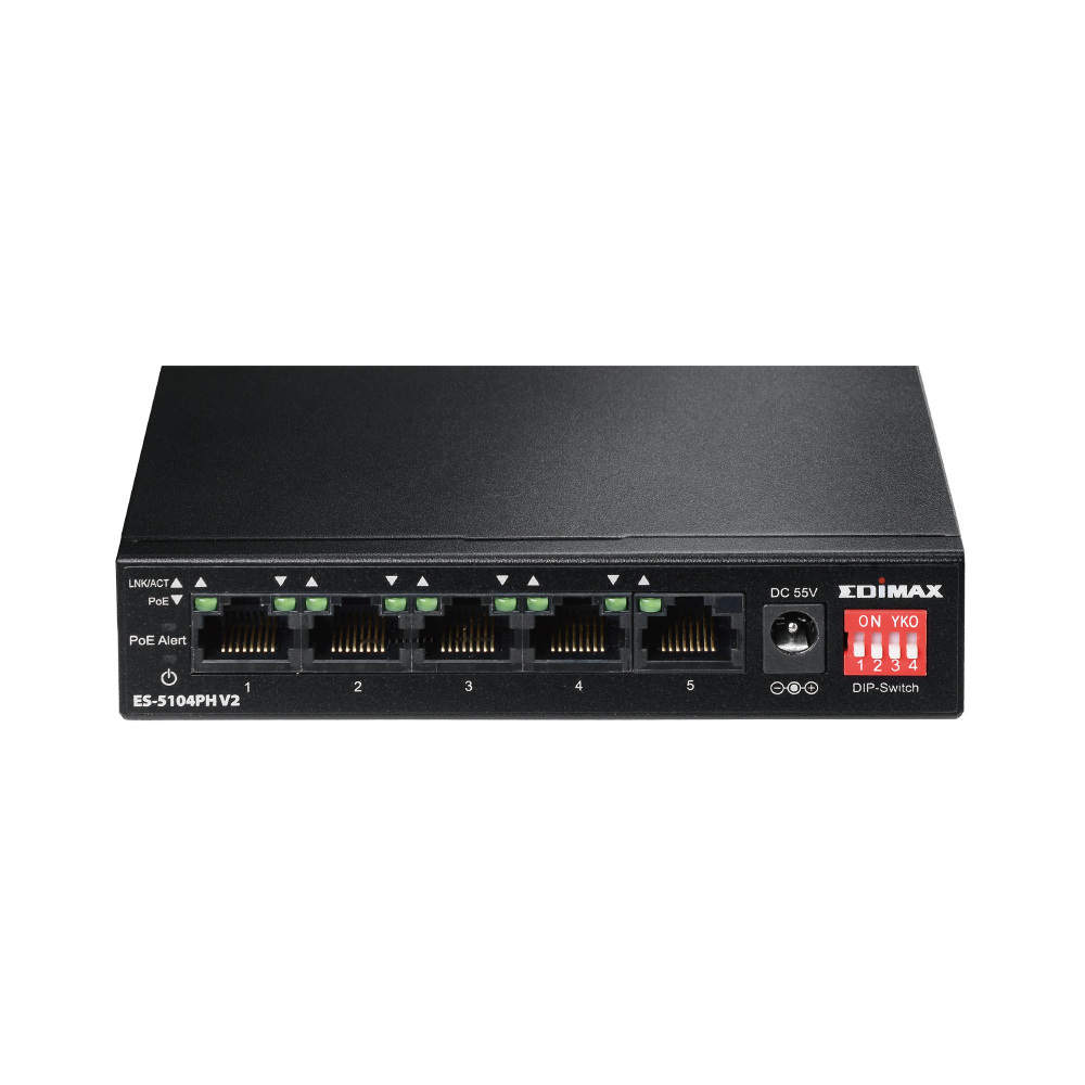EDIMAX ES-5104PH V2 5-Portowy przełącznik z 4 portami PoE+ i DIP Switch EDIMAX ES-5104PH V2 5-Portowy przełącznik z 4 portami PoE+ i DIP Switch