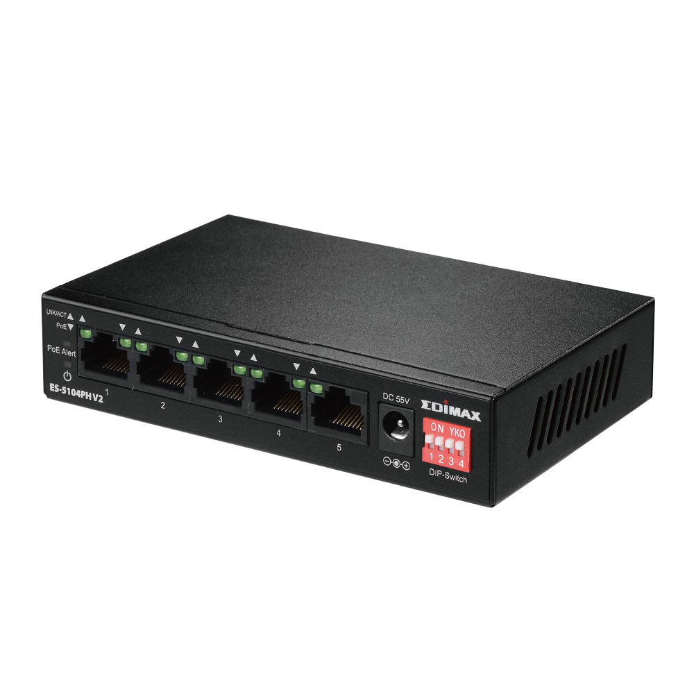 EDIMAX ES-5104PH V2 5-Portowy przełącznik z 4 portami PoE+ i DIP Switch EDIMAX ES-5104PH V2 5-Portowy przełącznik z 4 portami PoE+ i DIP Switch