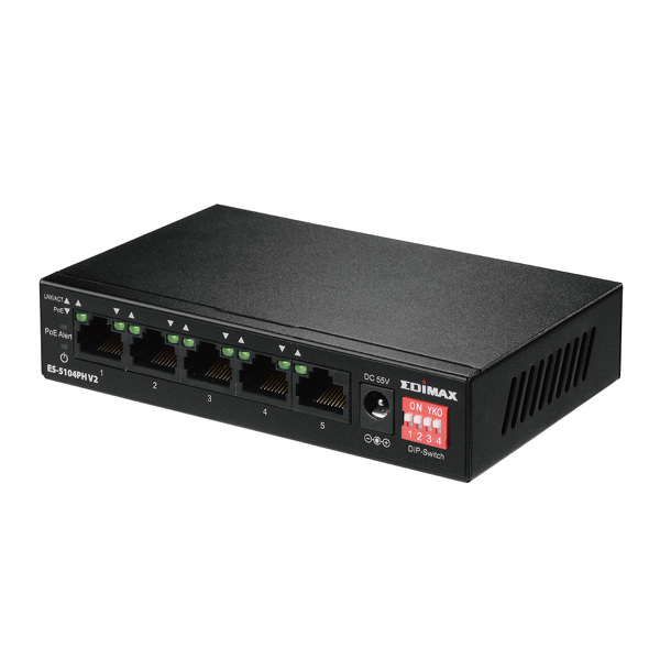 Zdjęcie produktu: EDIMAX ES-5104PH V2 5-Portowy przełącznik z 4 portami PoE+ i DIP Switch Zdjęcie produktu: EDIMAX ES-5104PH V2 5-Portowy przełącznik z 4 portami PoE+ i DIP Switch