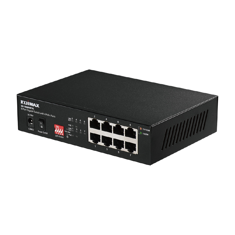 EDIMAX GS-1008PHE V2 8-Portowy Gigabitowy przełącznik z 4 portami PoE+ i DIP Switch