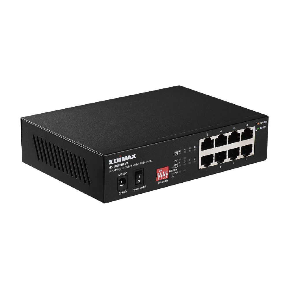 EDIMAX GS-1008PHE V2 8-Portowy Gigabitowy przełącznik z 4 portami PoE+ i DIP Switch