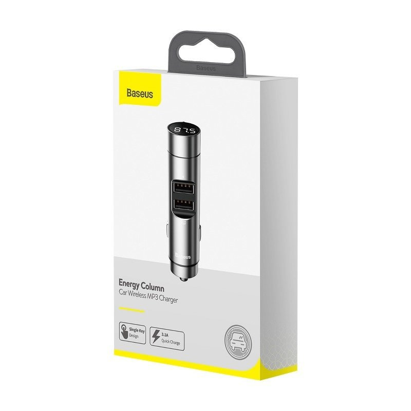 Transmiter FM Baseus Energy Column, Bluetooth 5.0, 2x USB, 3.1A, QC3.0 (srebrny) CCNLZ-0S Transmiter FM Baseus Energy Column, Bluetooth 5.0, 2x USB, 3.1A, QC3.0 (srebrny) CCNLZ-0S