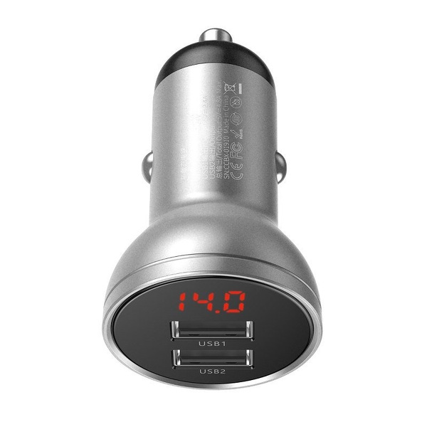 Zdjęcie produktu: Ładowarka samochodowa Baseus 2x USB, 4,8A, 24W z wyświetlaczem natężenia/napięcia - srebrna (CCBX-0S)